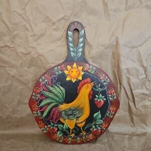 Vintage Hand Painted Double Sided Rooster/Fruit Wood Paddle Wall Art Signed